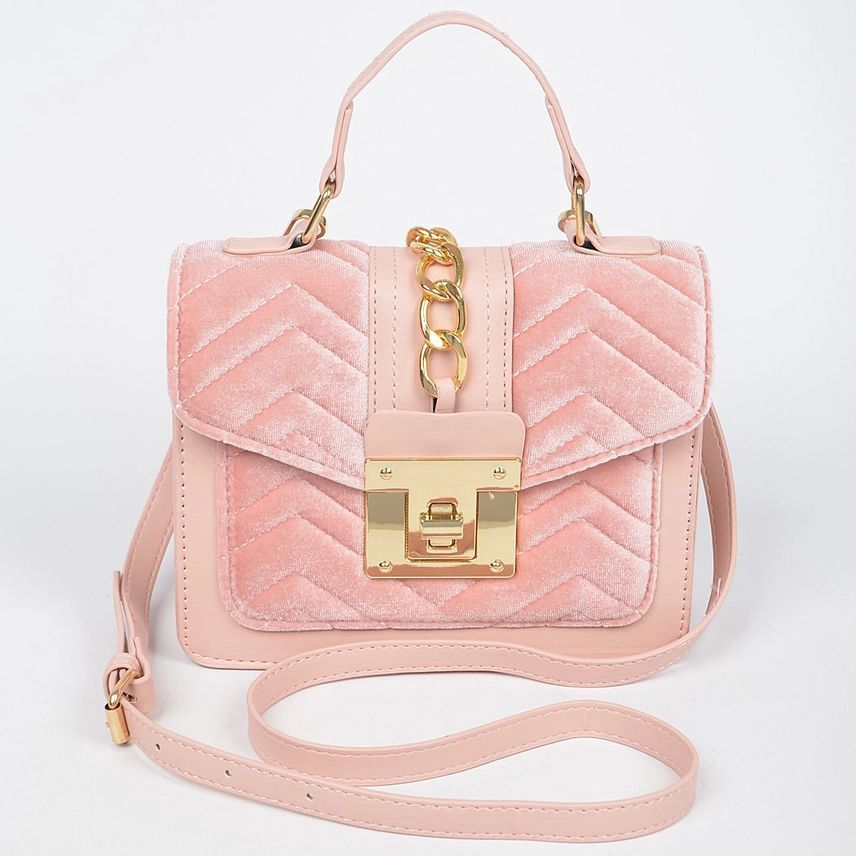 Quilted Velvet Pu Trim Bag, Colour: Pink