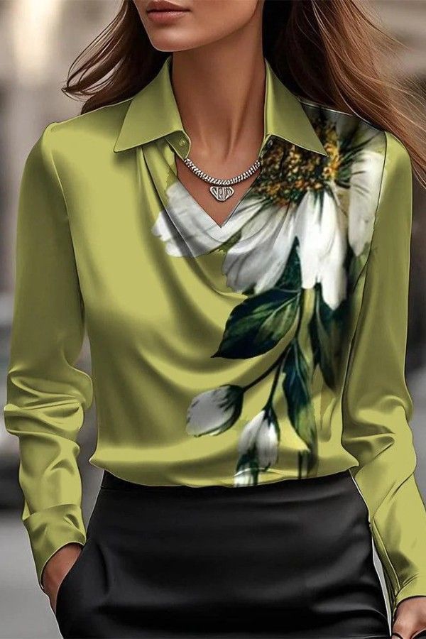 Elegant Printed Off-shoulder Shirt Blouse, Colour: Green, Size: XS