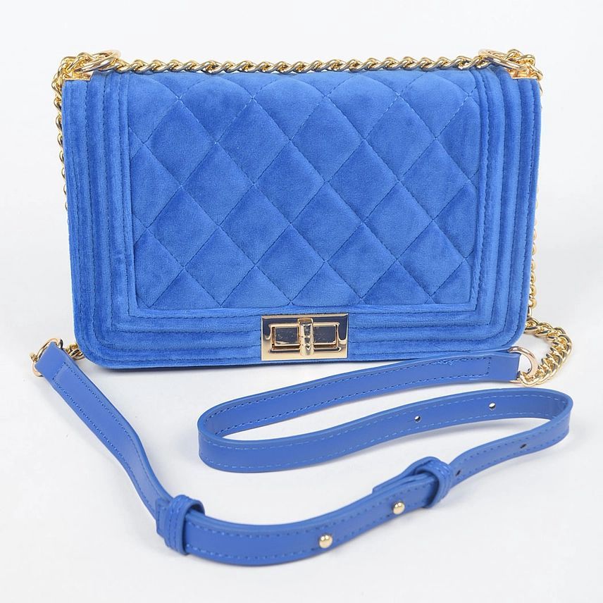 Quilted Velvet Flap Bag, Colour: Blue