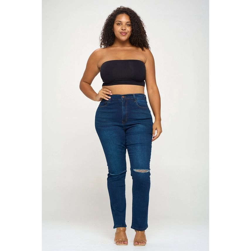 Plus Size Slit Knee High Waist Jean, Colour: Dark Blue, Size: 14