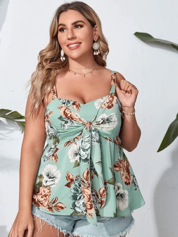 Plus Shirred Back Knot Front Floral Print Cami Top