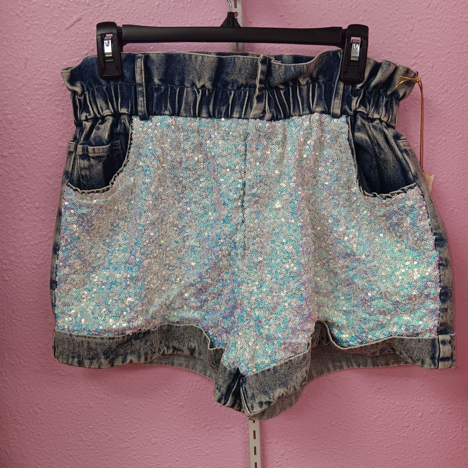 Sequin Denim Shorts, Size: Large