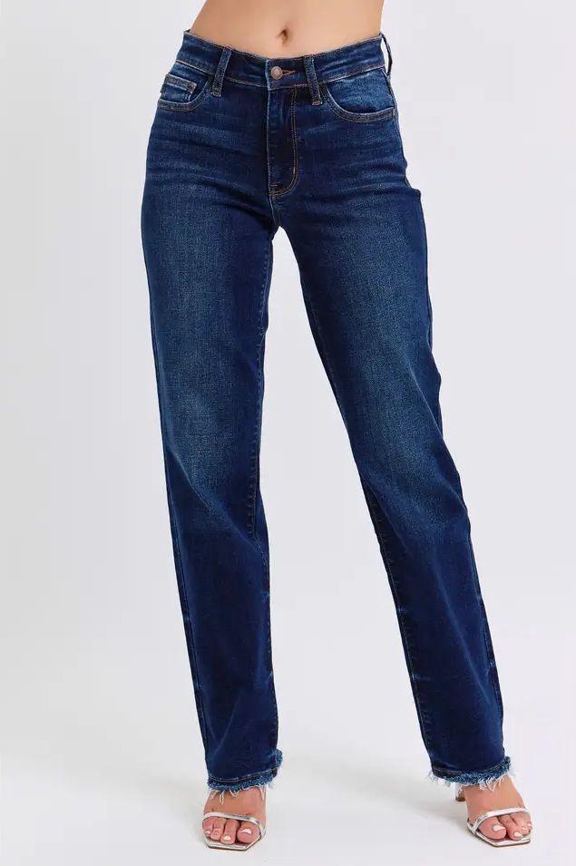 Mid Rise Straight Leg with Fray Hem, Colour: Dark Blue, Size: 7
