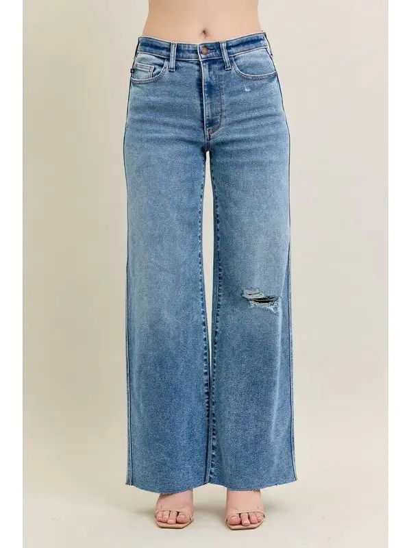 Vintage Wash High Waisted Wide Leg w/ Distressed Knee, Colour: Light Blue, Size: 5