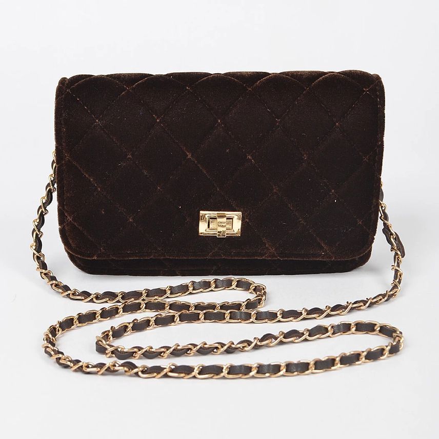 Quilted Velvet Shoulder Bag, Colour: Brown