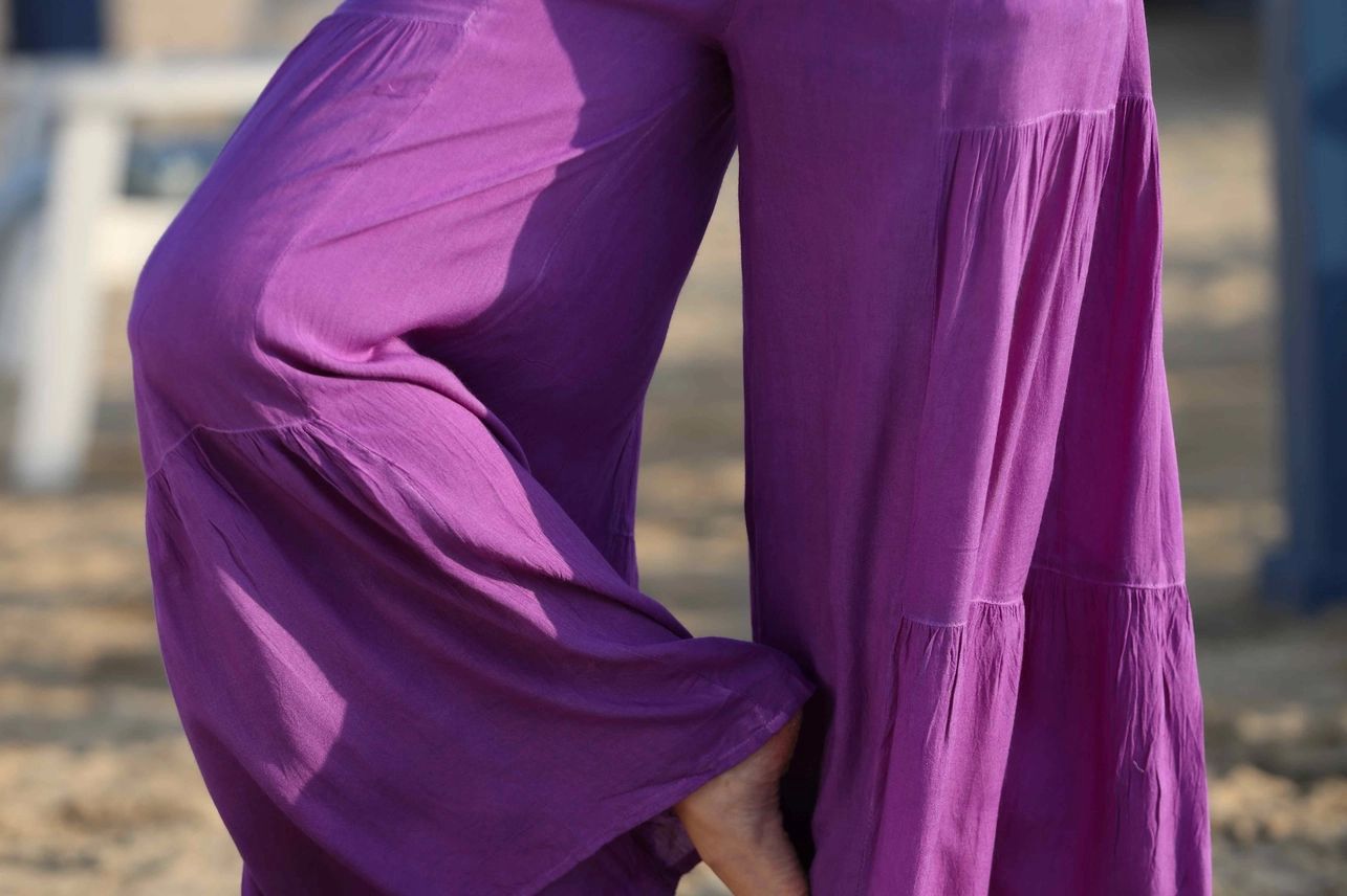 Wide-Leg Pants Palazzo Boho Feel Good Pull On Elastic Waist, Colour: Purple, Size: Medium
