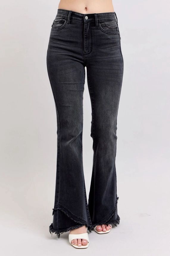 High Waisted Flare Jean w/ Mock Fray Tulip Hem, Colour: Black, Size: 5