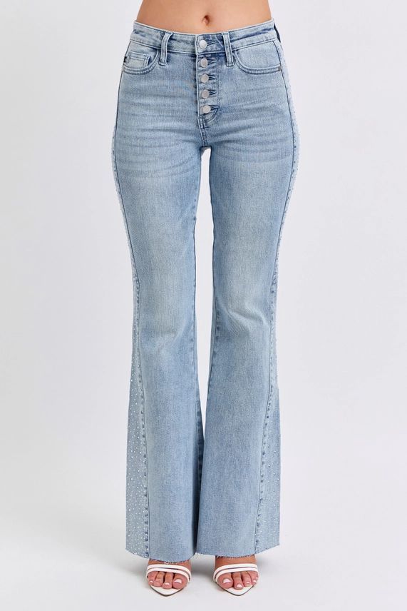 Mr Rhinestone Side Panel Detail Flare Jean, Colour: Light Blue, Size: 5