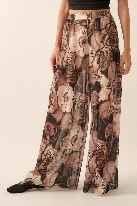 Floral Chiffon Wide-Leg Palazzo Pants, Colour: Black, Size: Small