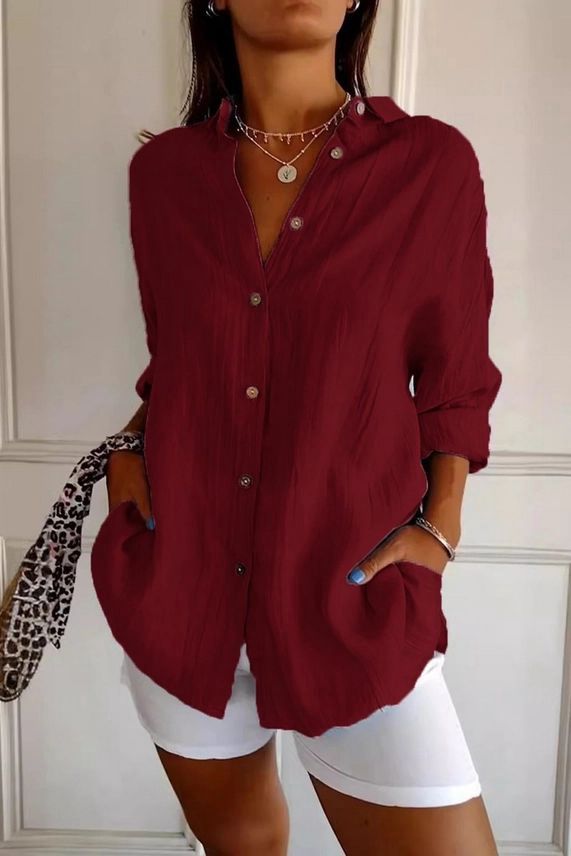 Solid Color Single Breasted Pleated Lapel Shirt, Colour: Wine, Size: Small