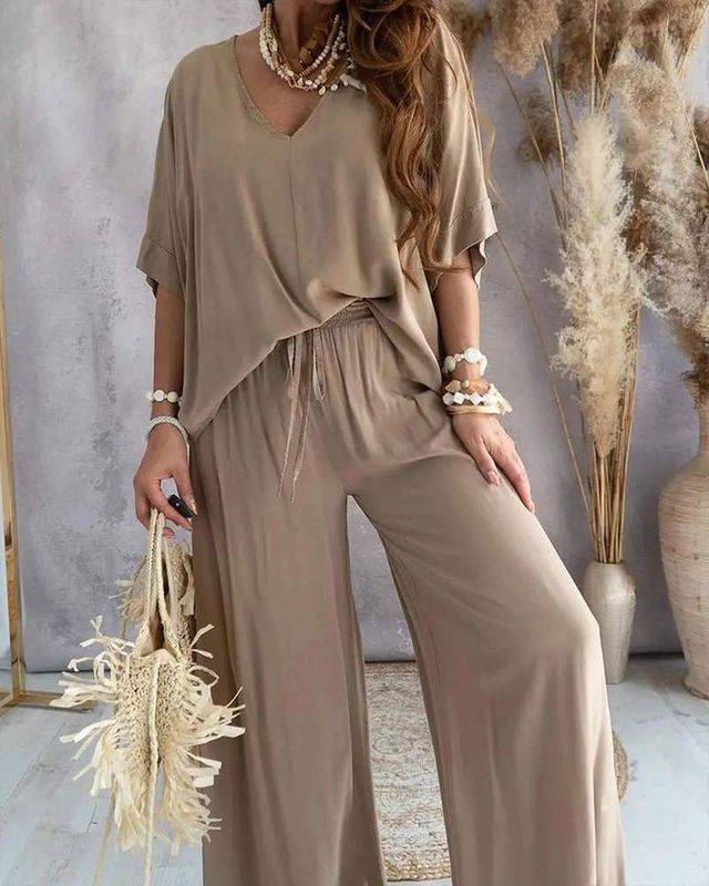 V Neck Batwing Sleeve Top Casual Pants Set