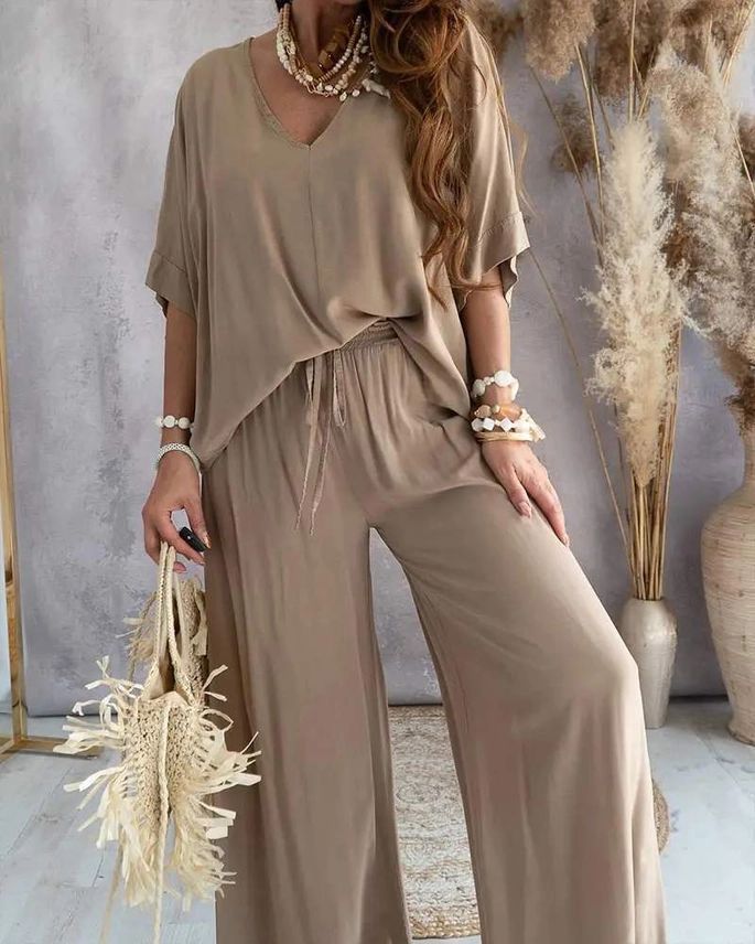 V Neck Batwing Sleeve Top Casual Pants Set, Colour: Brown, Size: Small
