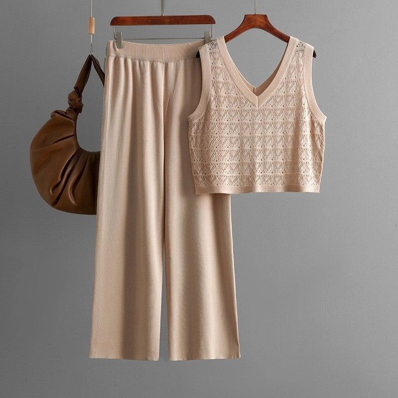 V Neck Lace Knit Top Wide Leg Pants Set