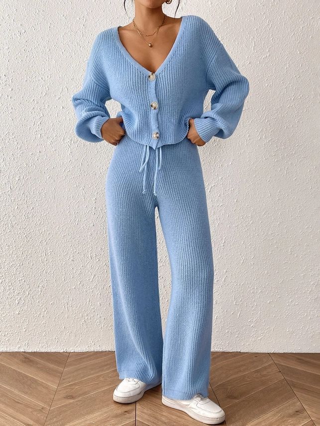 Cozy Two-Piece Set | Buttoned Cardigan &amp; Drawstring Trousers, Colour: Blue, Size: Small