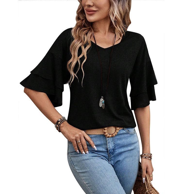 Women's V-Neck Flutter Sleeve Top – Casual Summer T-Shirt, Colour: Black, Size: Small