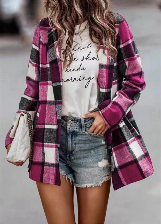 Plaid Lapel Shacket, Colour: Rose