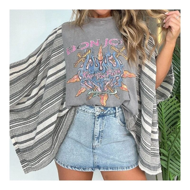 Printed Batwing Sleeve Loose Top, Colour: Bon Jovi, Size: One Size