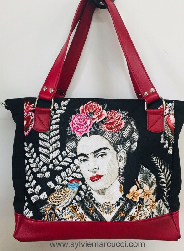 Cabas Frida Kahlo cuir et toile pièce unique fait à Toulouse France #cabascuirtoulouse