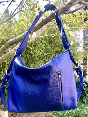 Saba sac cuir bleu Français, porté épaule ou sac à dos, fabriqué en France à Toulouse