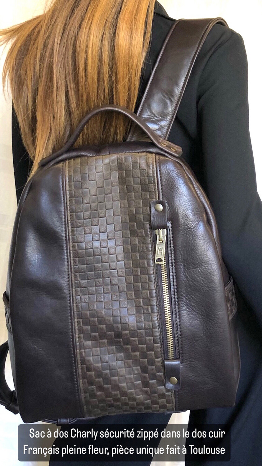Sac à dos Charly sécurité zippé dans le dos cuir Français pleine fleur, pièce unique fait à Toulouse, #saccuirfrance #saccuirtoulouse #sacadoscuirartisanal
