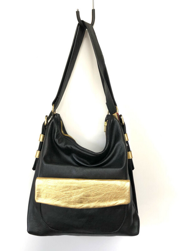 Sab grand format en cuir Français noir, porté épaule ou sac à dos lanières réglables