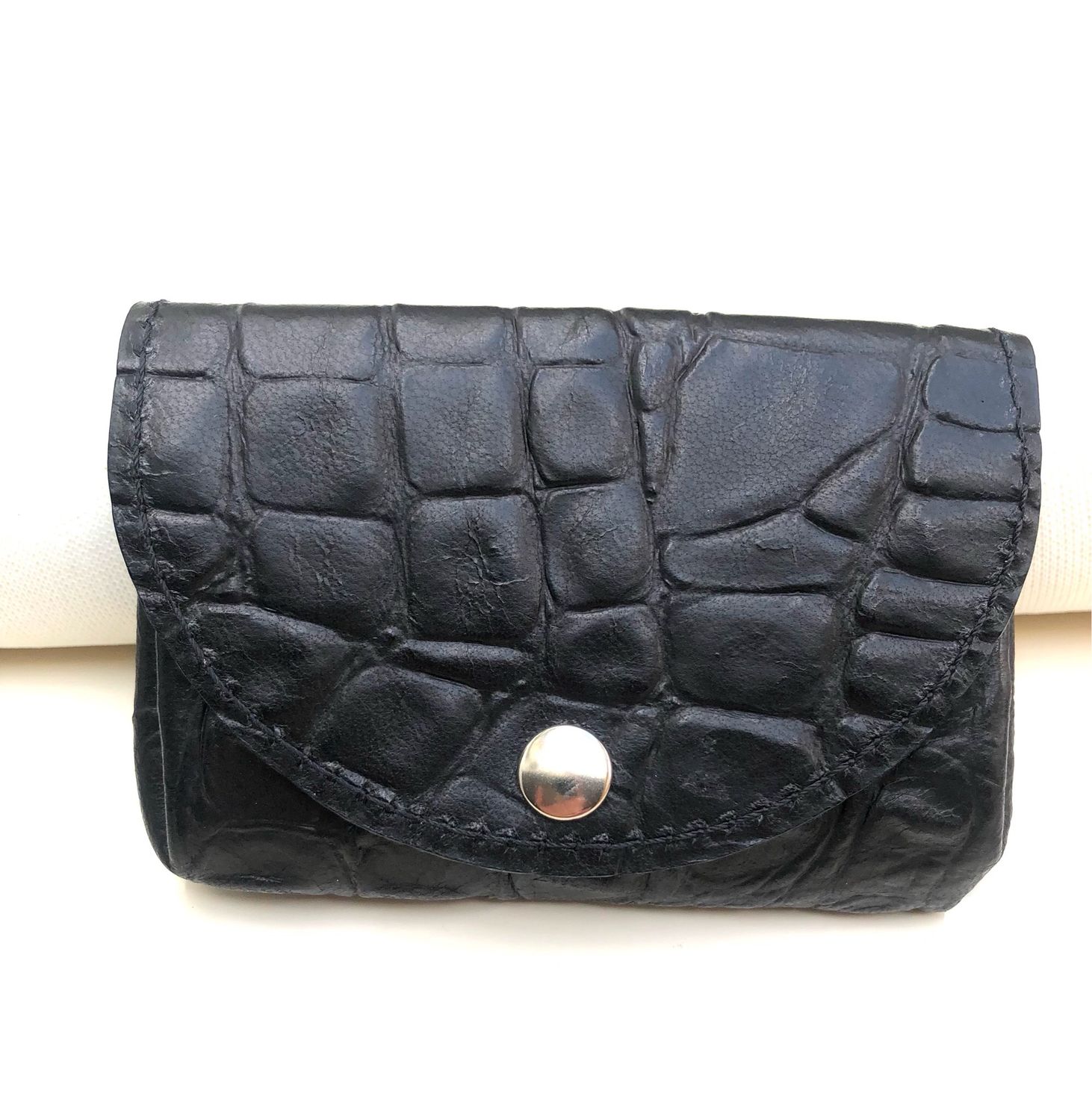Porte monnaie Multi compact cuir noir gaufré croco fabriqué à Toulouse