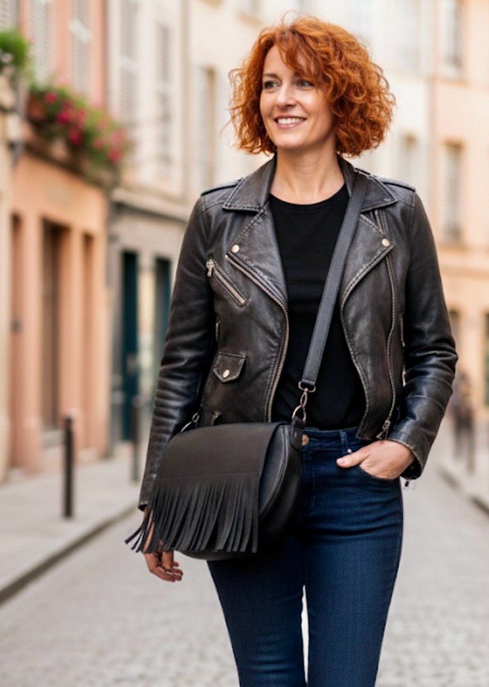 Besace cuir grainé Kimy noir à frange porté épaule ou bandoulière