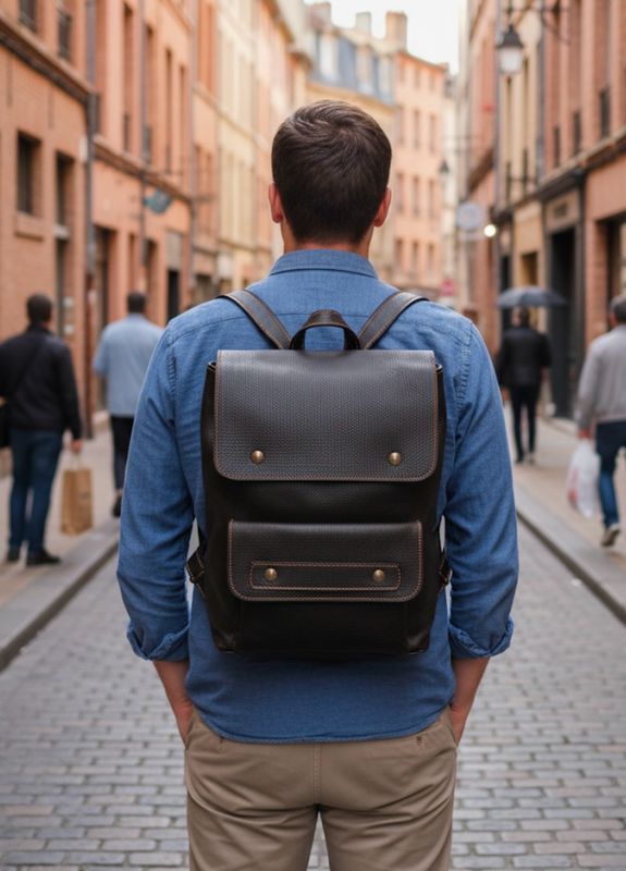 Aventure T L sac à dos cuir grainé marron pièce unique bretelles réglables fait à Toulouse France