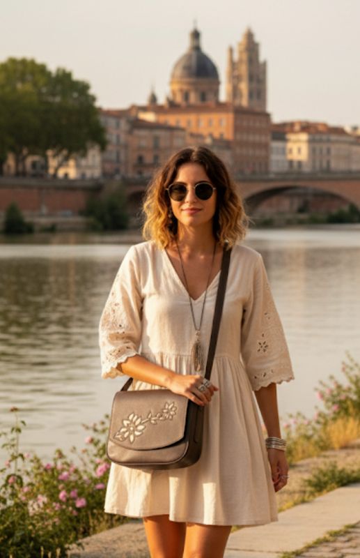 Demi lune cuir grainé couleur taupe motif cuir sur le rabat fait à Toulouse pièce unique