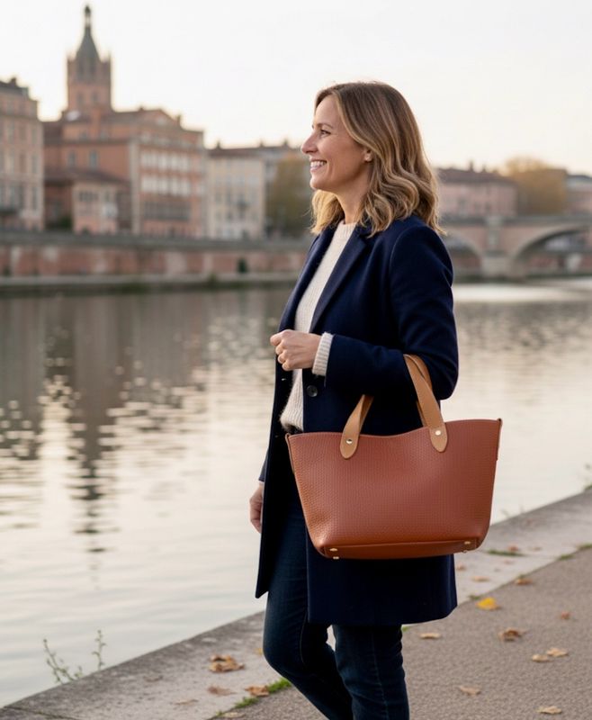 Cabas cuir grainé avec pochette fait à Toulouse France couleur cognac