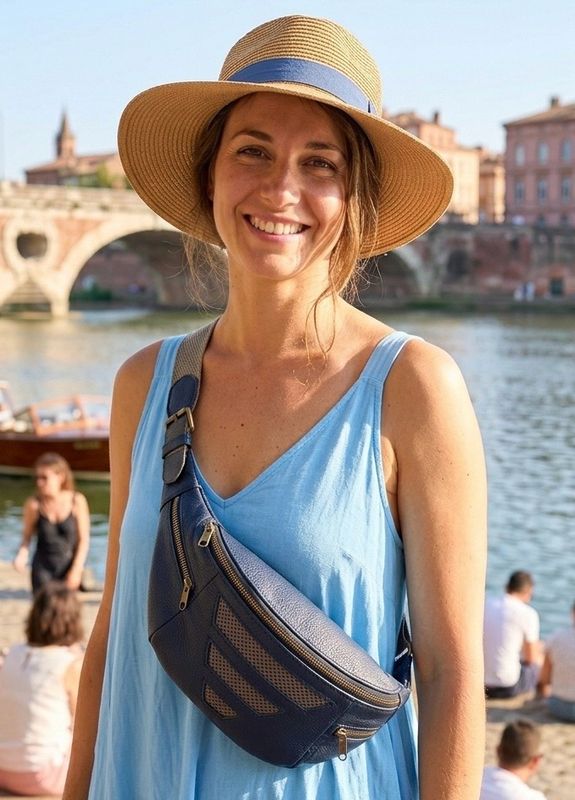 Sac banane en cuir bleu et bronze