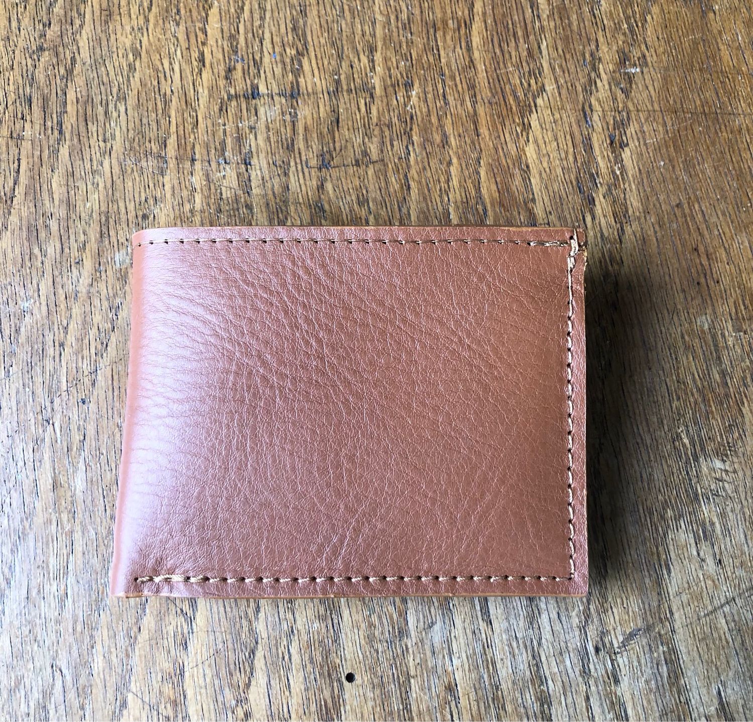 Portefeuille One en cuir Kamel et bleu