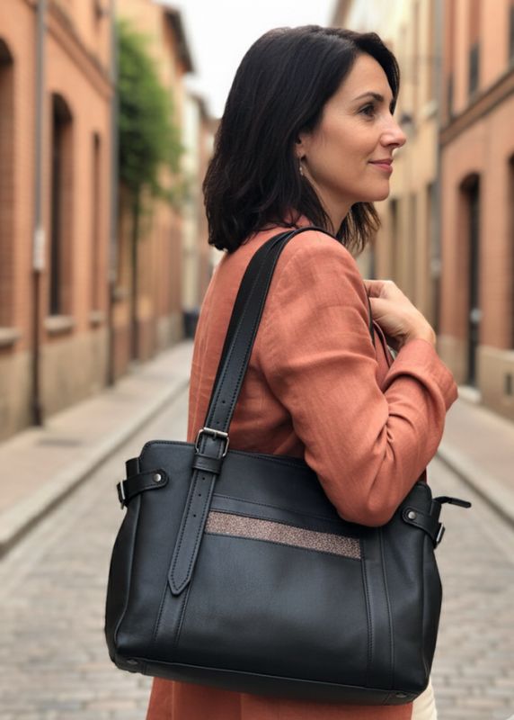 Sac cabas Camilla en cuir noir 3 compartiments