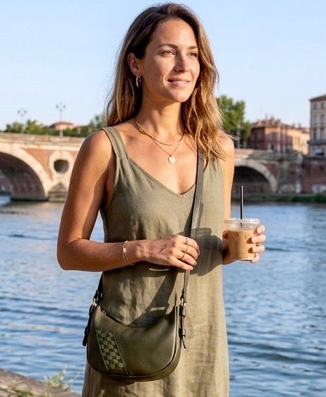 Sac Sunny en cuir grainé kaki bandoulière fait à Toulouse