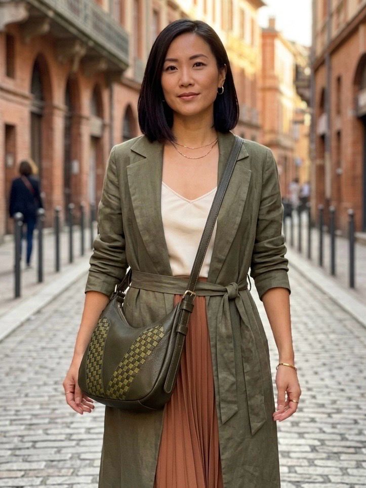 Sunny GM cuir grainé kaki avec motifs tressés pièce unique faite à Toulouse