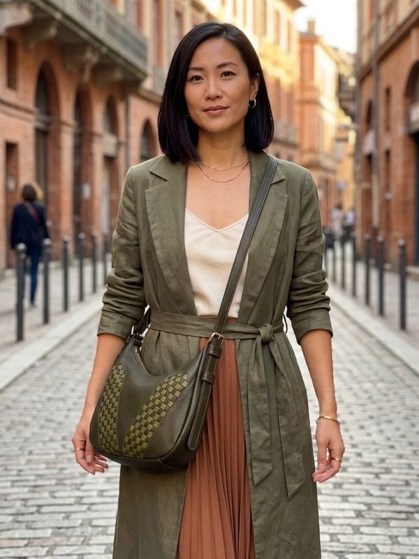 Sunny GM cuir grainé kaki avec motifs tressés pièce unique faite à Toulouse