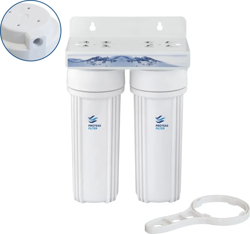 Διπλή Φιλτροθήκη 2Μ λευκή πλαστική 10″–1/4″ – κλειδί+βάση