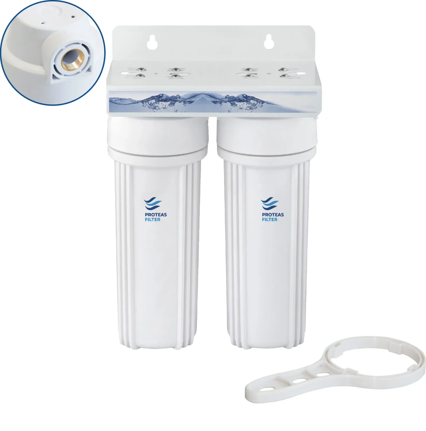 Διπλή Φιλτροθήκη 2Μ λευκή πλαστική 10″–1/2″– ορειχάλκινο σπείρωμα– κλειδί + βάση Διπλή Φιλτροθήκη 2Μ λευκή πλαστική 10″–1/2″– ορειχάλκινο σπείρωμα– κλειδί + βάση