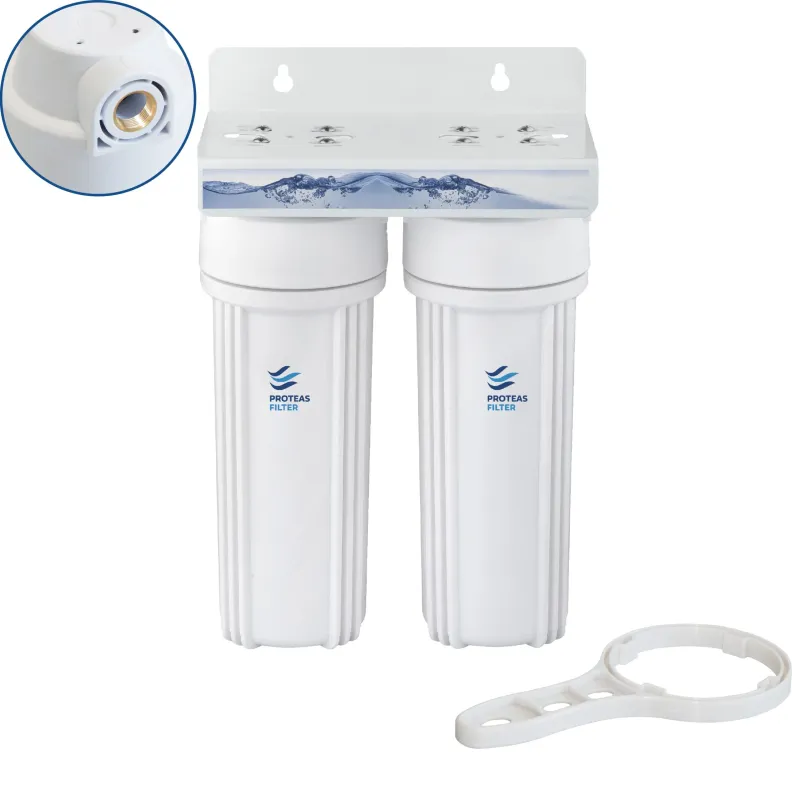 Διπλή Φιλτροθήκη 2Μ λευκή πλαστική 10″–1/2″– ορειχάλκινο σπείρωμα– κλειδί + βάση