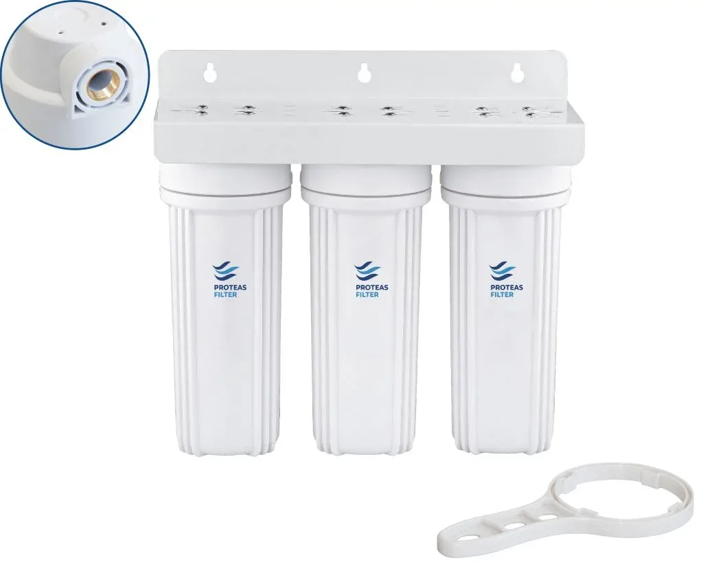Τριπλή Φιλτροθήκη 2Μ λευκή πλαστική 10″–1/2″ – ορειχάλκινο σπείρωμα – κλειδί + βάση Τριπλή Φιλτροθήκη 2Μ λευκή πλαστική 10″–1/2″ – ορειχάλκινο σπείρωμα – κλειδί + βάση