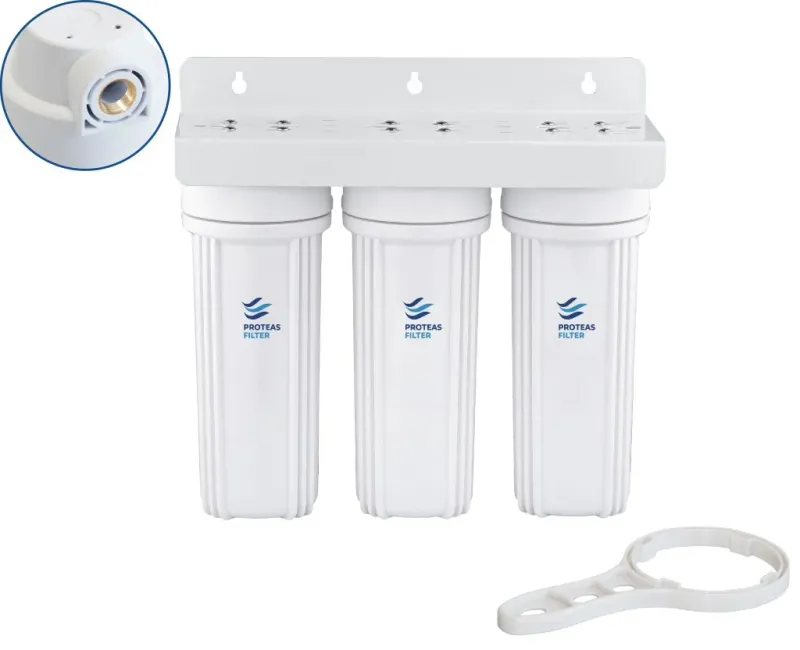 Τριπλή Φιλτροθήκη 2Μ λευκή πλαστική 10″–1/2″ – ορειχάλκινο σπείρωμα – κλειδί + βάση