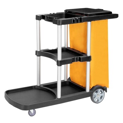 Commercial Traditional Cleaning Janitorial 3-Shelf Cart, 500 Lbs Capacity Housekeeping Cart, 42.5" L x 18.7" W x 37.6" H, Wheeled with 22 Gallon Zippered Yellow Vinyl Bag and Cover, Black