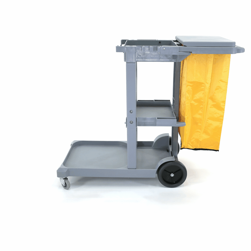 Commercial Janitorial Cart | 3 Shelves | 25 Gallon Vinyl Bag | Adjustable Shelf | 500 LBS Capacity