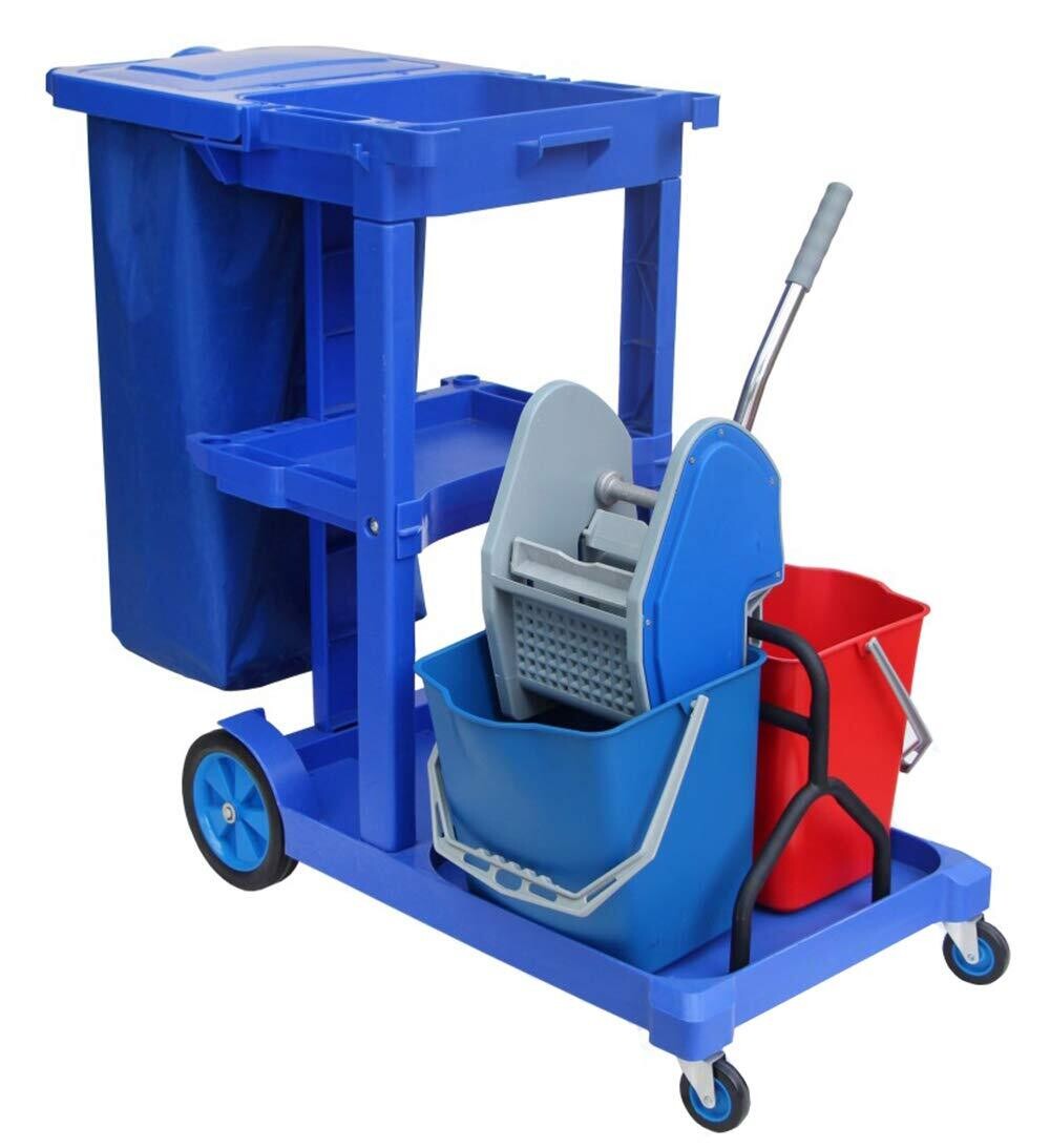 Janitorial Cart with Cover - 25 Gallon Bag - 2 Buckets - Mop Wringer Trolley