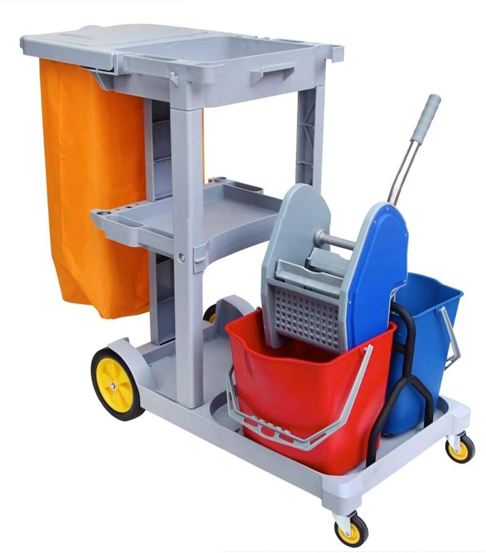 Janitorial Cart with Cover - 25 Gallon Bag - 2 Buckets - Mop Wringer Trolley