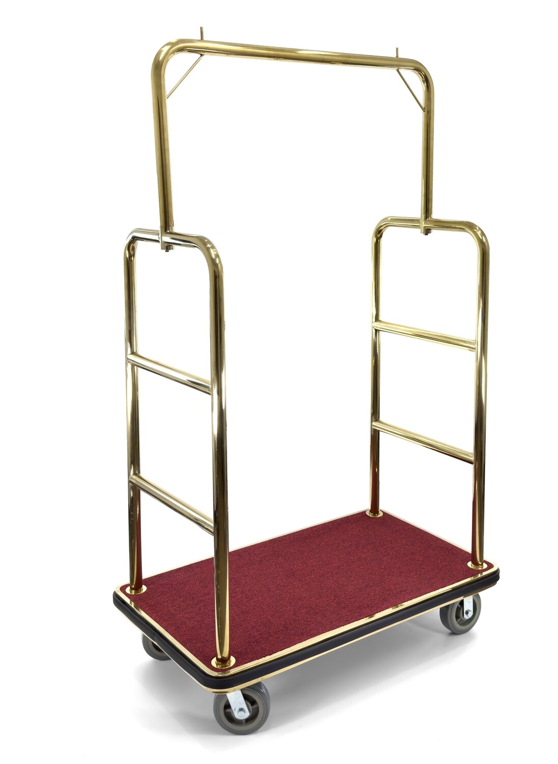 Hotel luggage cart | Bellman's Cart | Rectangular Red Carpet Base | Square Top Clothing Rail | Gold.