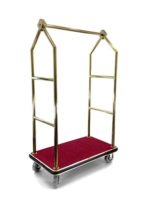 Hotel luggage cart | Bellman's Cart | Rectangular Red Carpet Base | Angled Top Clothing Rail | Gold.