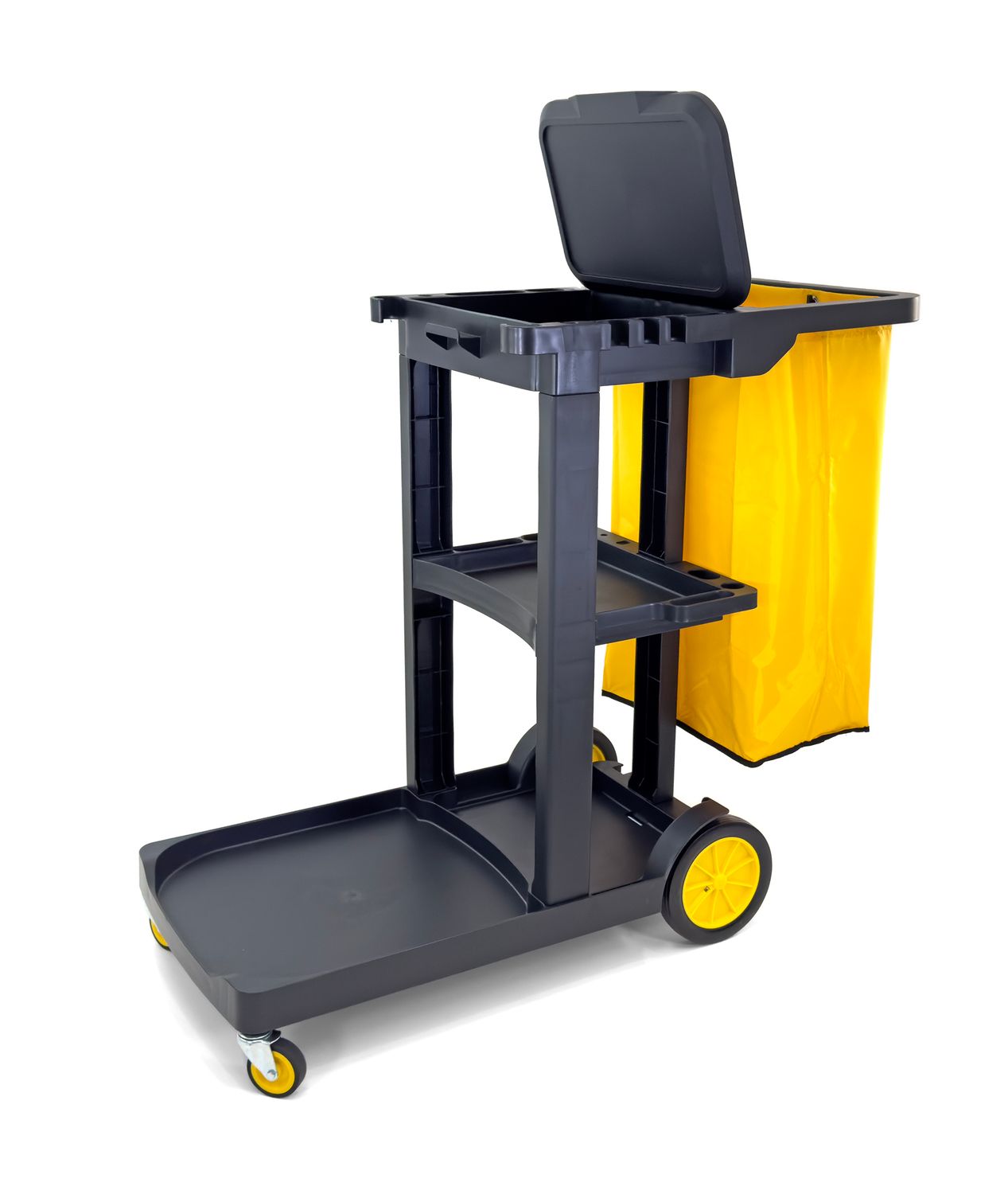 Compact Size Janitorial Cart | 3 Shelves | 25 Gallon Vinyl Bag With Cover | 450 LBS Capacity | Black