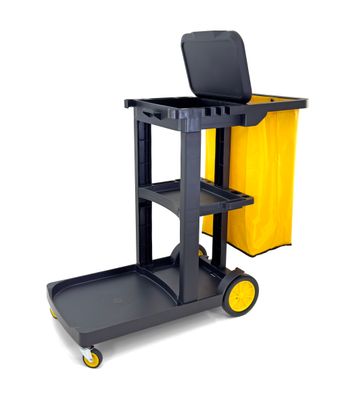 Compact Size Janitorial Cart | 3 Shelves | 25 Gallon Vinyl Bag With Cover | 450 LBS Capacity | Black