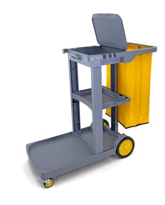 Compact Size Janitorial Cart | 3 Shelves | 25 Gallon Vinyl Bag With Cover | 450 LBS Capacity | Gray